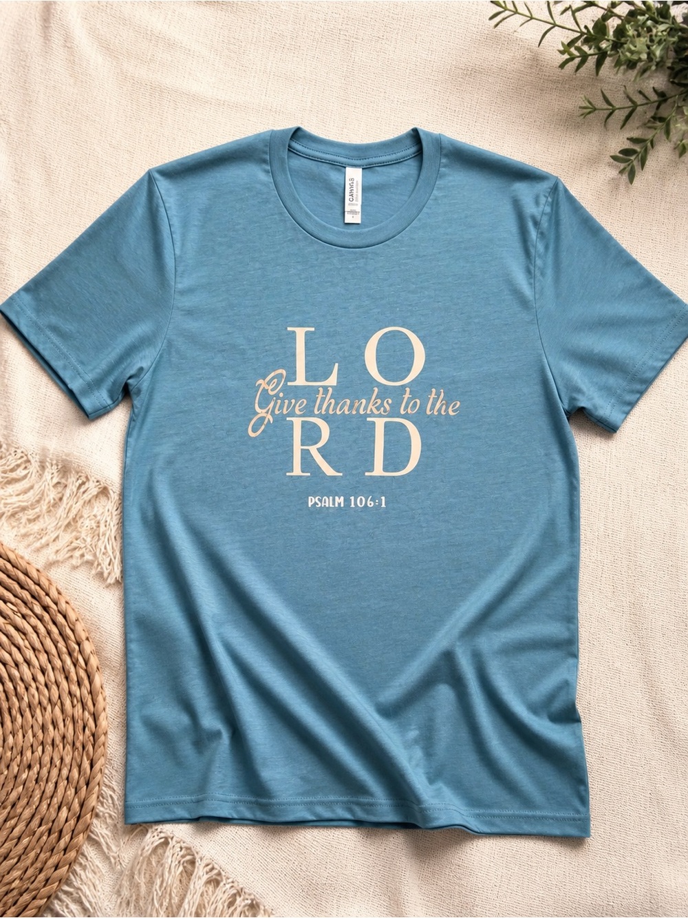 Christian Graphic Tee Psalm 106:1 “Give Thanks to the Lord” Blue Aesthetic shirt